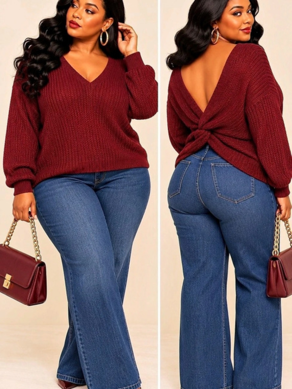 Burgundy Twist-Back V-Neck Sweater Like New
